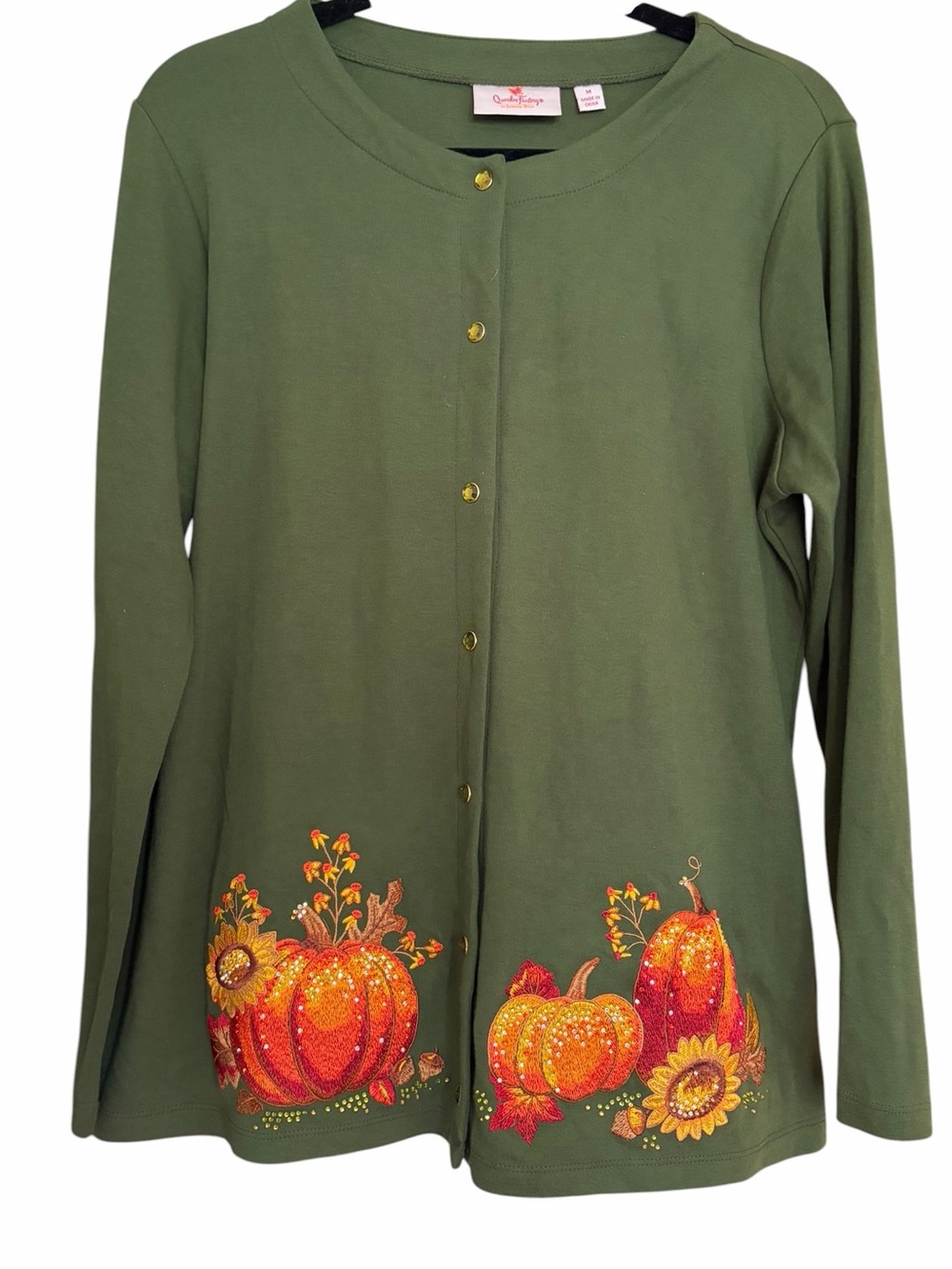 VTG Quacker Factory Olive Green Button Up with Pumpkin & Sunflower Embroidery